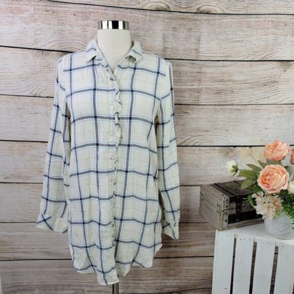 Aerie Ruffle Plaid Metallic Cream Ruffle Tunic Sleep Shirt Top Small